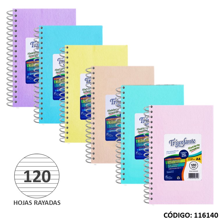 Cuaderno a4 t/d triunf. pvc colores x120h