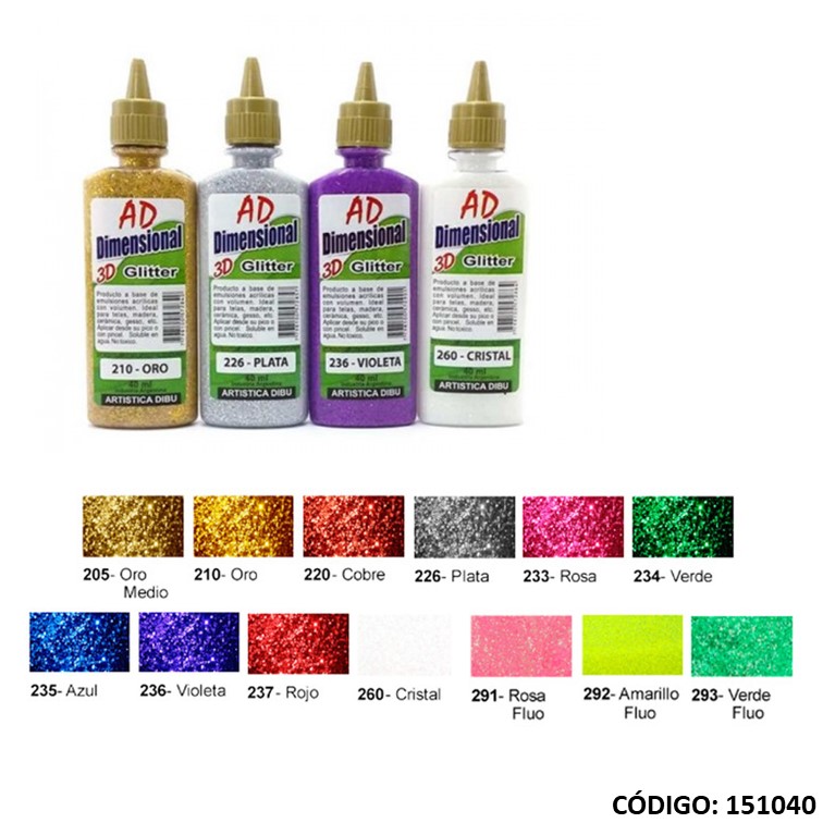 Artículo pint. dimensional 3d ad con acabado glitter 40ml. colores
