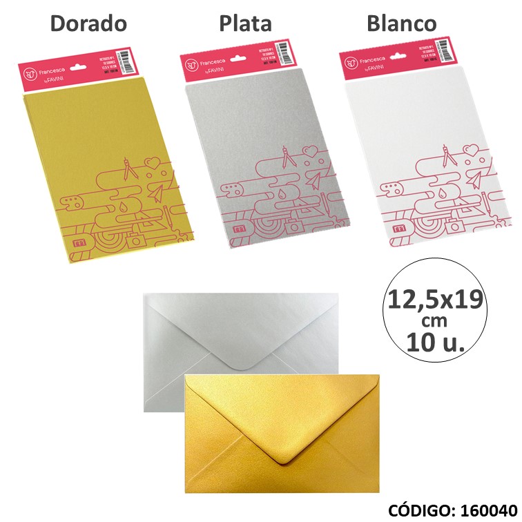 Sobres color 12.5x19 dor/pla/bla