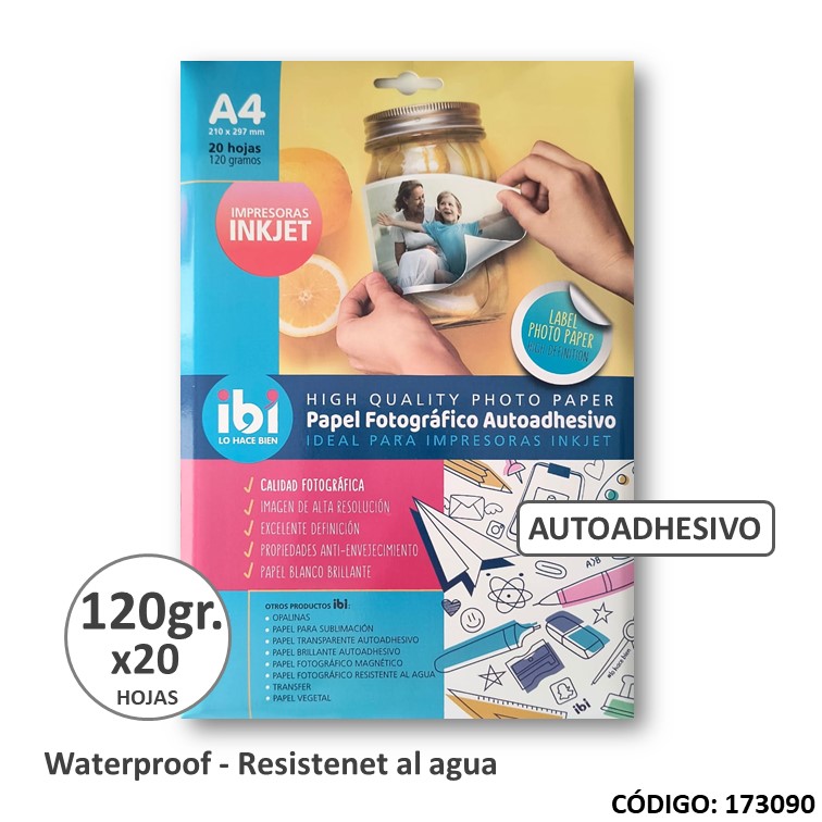 Papel e. fotog. glossy adhesivo. a4 120 g x20h