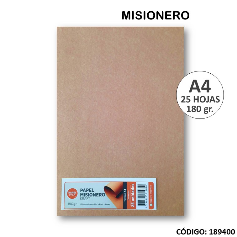 Papel e. rapel misionero a4 180 g x25
