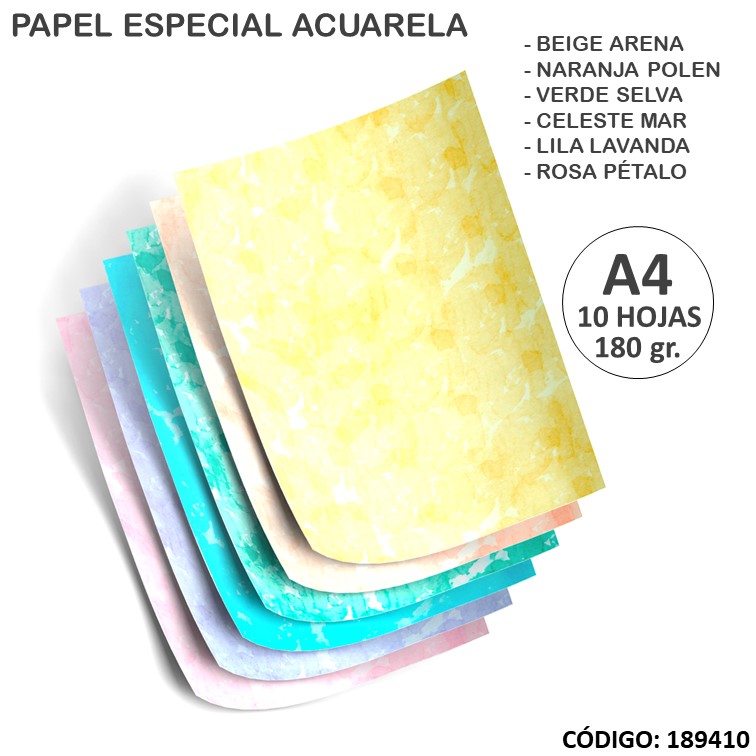 Papel e. rapel acuarela a4 180 g x10h. colores