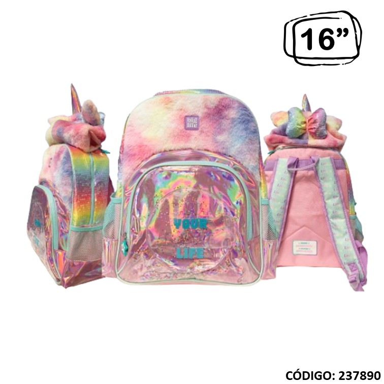 Mochila big life 16"" liquido con acabado glitter unicorn