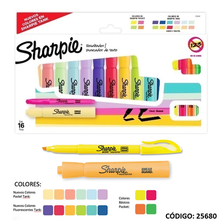 Set resaltador sharpie 12 pastel + 4 fluo