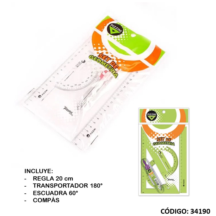 Set geomet. pizzini x4piezas4214 20cm c/compas