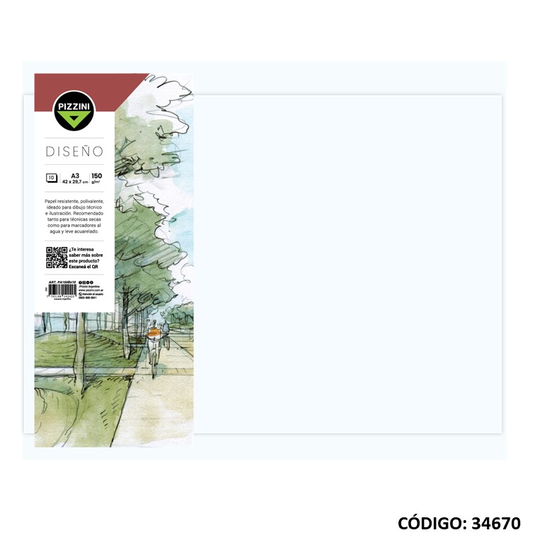 Papel p/dibujo pizzini a3 150 g x10h