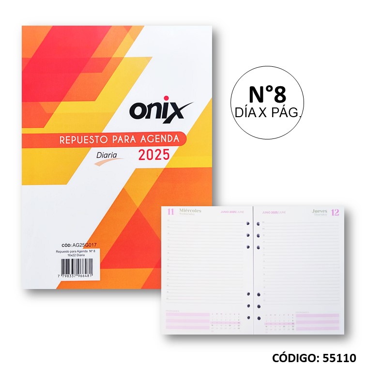 Agenda repuesto. onix n°8 con doble planificador g017