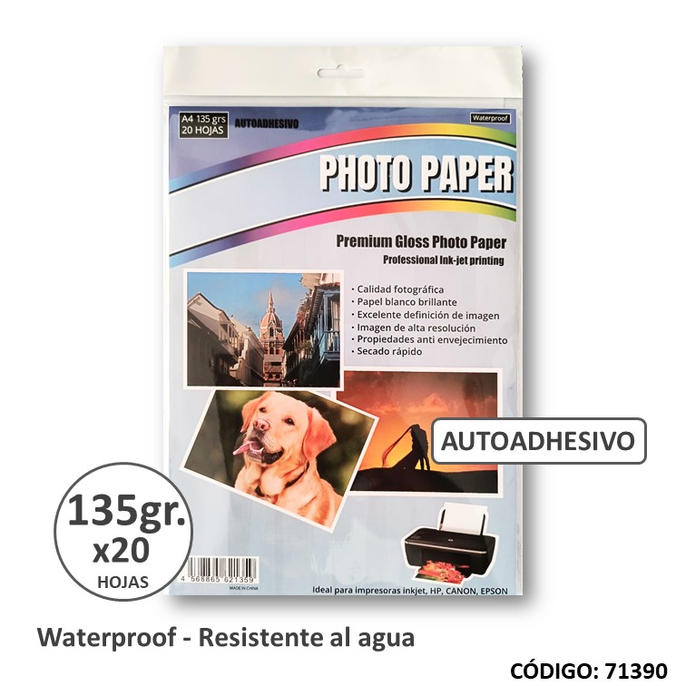 Papel e. fotog. glossy adhesivo. a4 135 g x20h